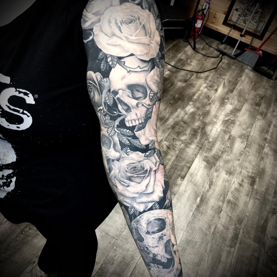 skull and roses tattoo sleeve